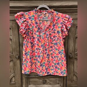 EUC Women’s SEWN + SEEN Pink Multicolor Polka Dot Flutter Sleeve Blouse (M)